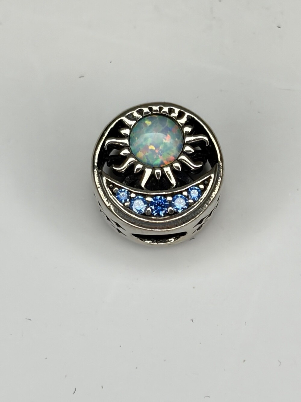 925 Sterling Silver Celestial Sun Moon Opal Blue CZ Slide Charm Bead